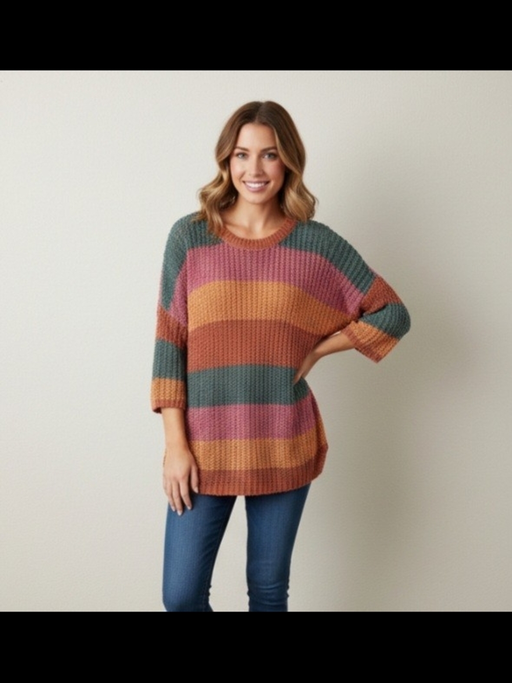 Natural Reflections Striped Waffle-Knit Tunic Sweater in Green, Pink & Rust M/L